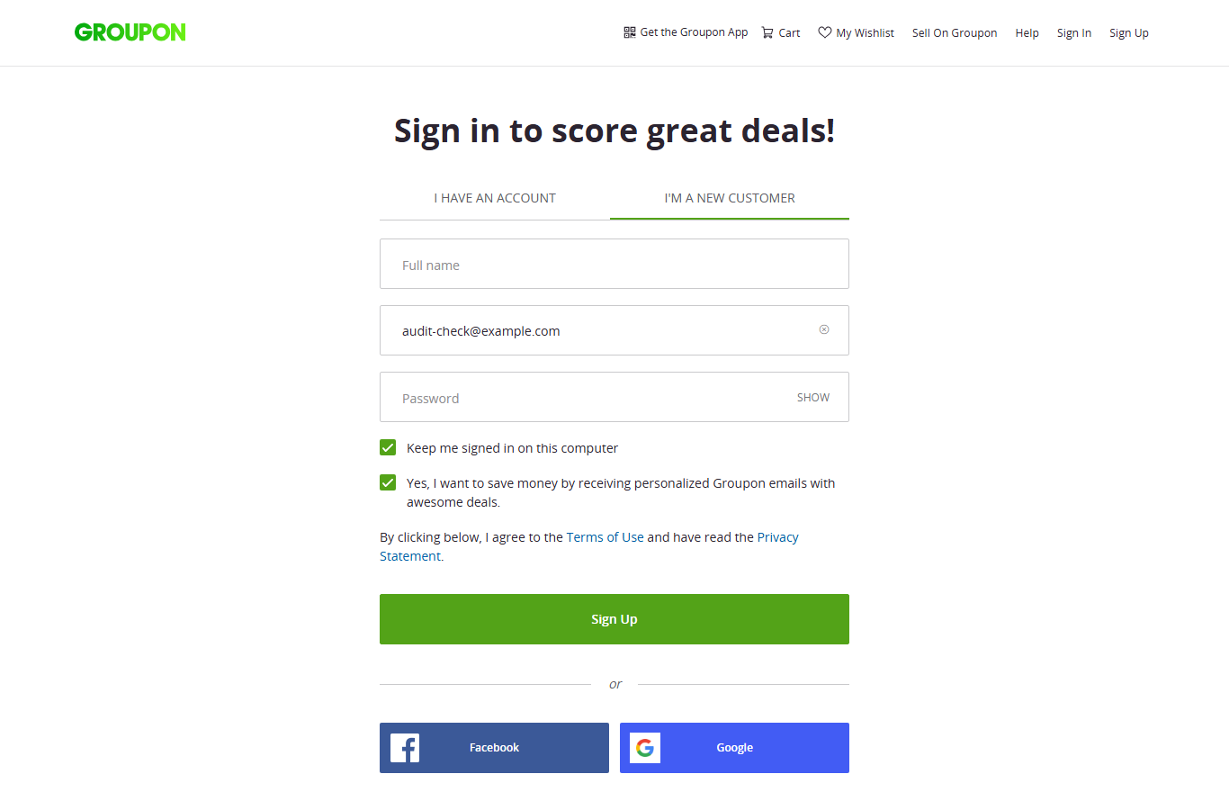 Groupon's US signup form with two boxes already ticked, including one reading: Yes, I want to save money by receiving personalized Groupon emails with awesome deals.