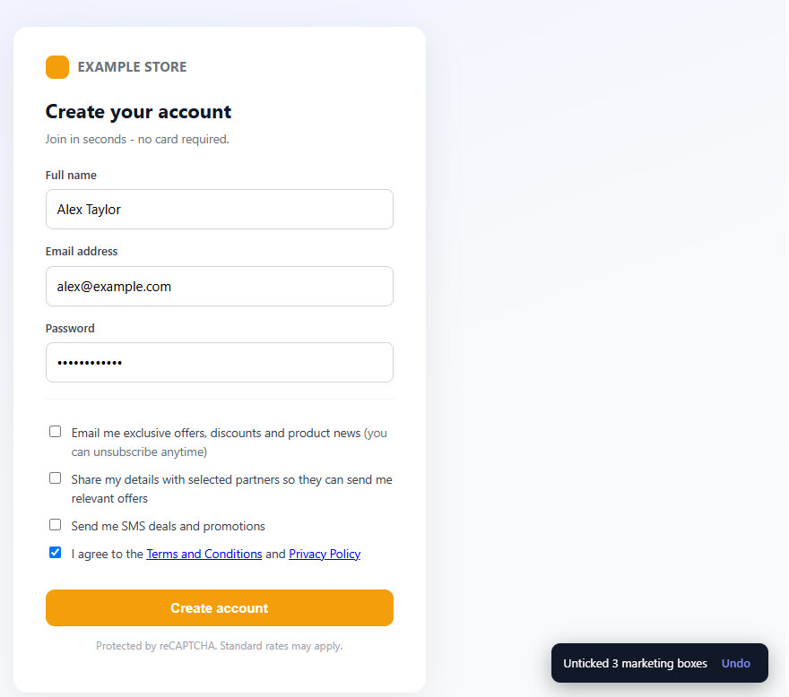 Marketing Box Guard unticking pre-checked marketing boxes on a signup form while leaving the Terms and Conditions box ticked