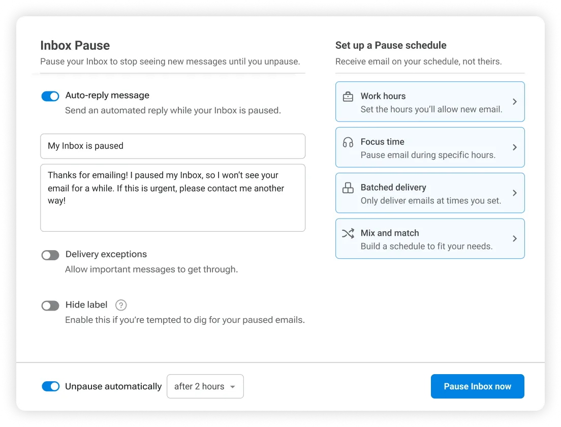 Boomerang for Gmail showing the Inbox Pause feature that holds incoming email until you choose to receive it