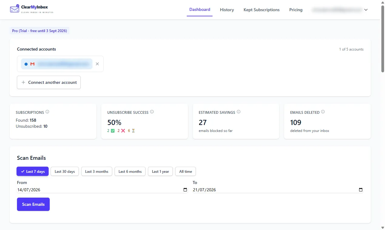 ClearMyInbox dashboard showing a connected inbox and progress stats, turning an overwhelming inbox into a few clear numbers