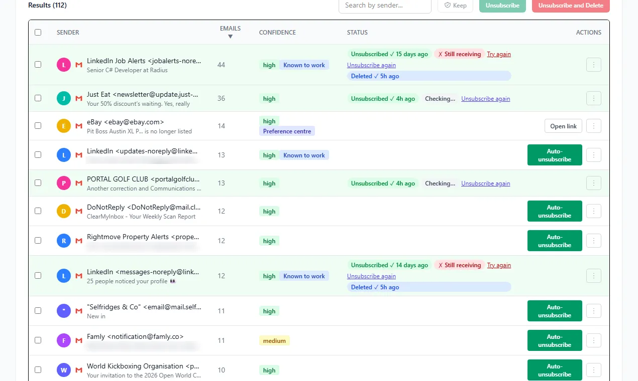 ClearMyInbox scan results with unsubscribe status badges, a SaneBox alternative that actually unsubscribes