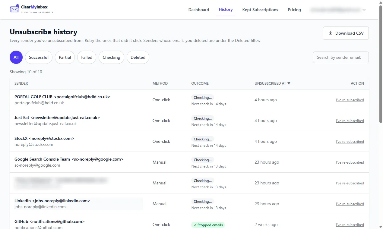 ClearMyInbox unsubscribe history with Confirmed stopped badges, a Leave Me Alone alternative with verification
