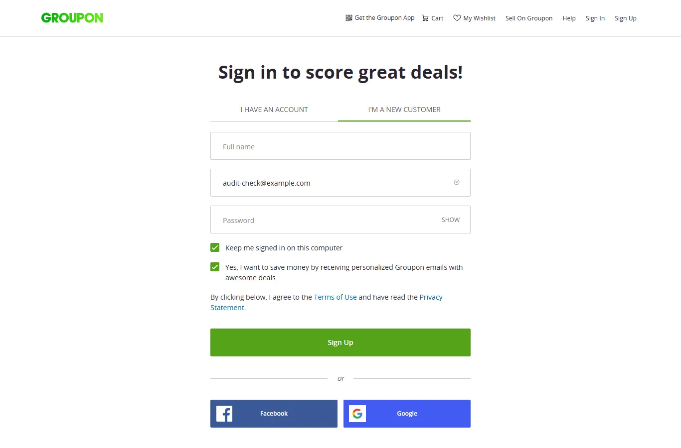 Groupon US account signup form with the marketing box 'Yes, I want to save money by receiving personalized Groupon emails with awesome deals' already ticked by default