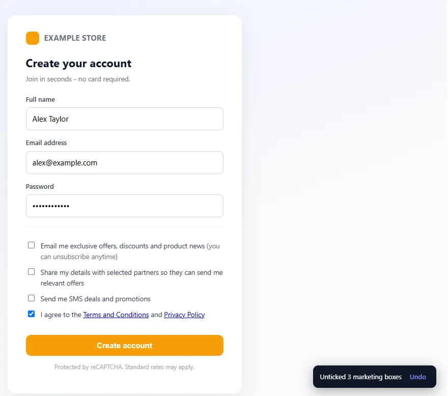 The Marketing Box Guard browser extension unticking three pre-checked marketing boxes on a signup form while leaving the Terms and Conditions box ticked