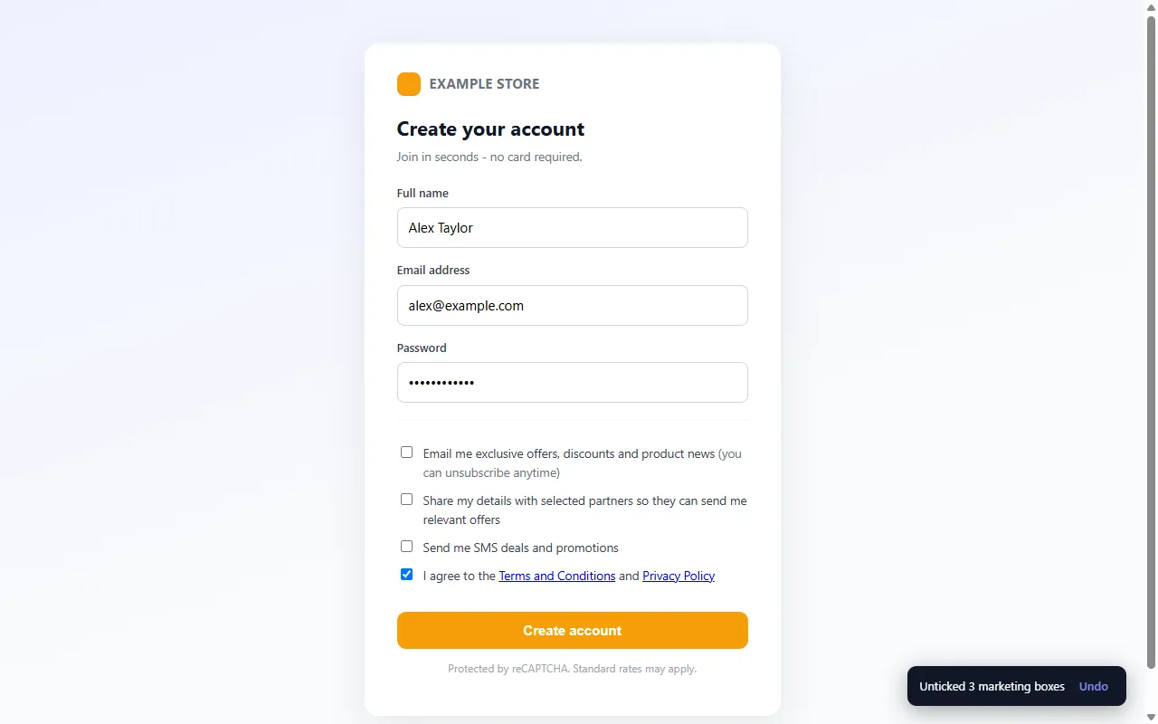 The Marketing Box Guard browser extension unticking three pre-checked marketing boxes on a signup form while leaving the Terms and Conditions box ticked