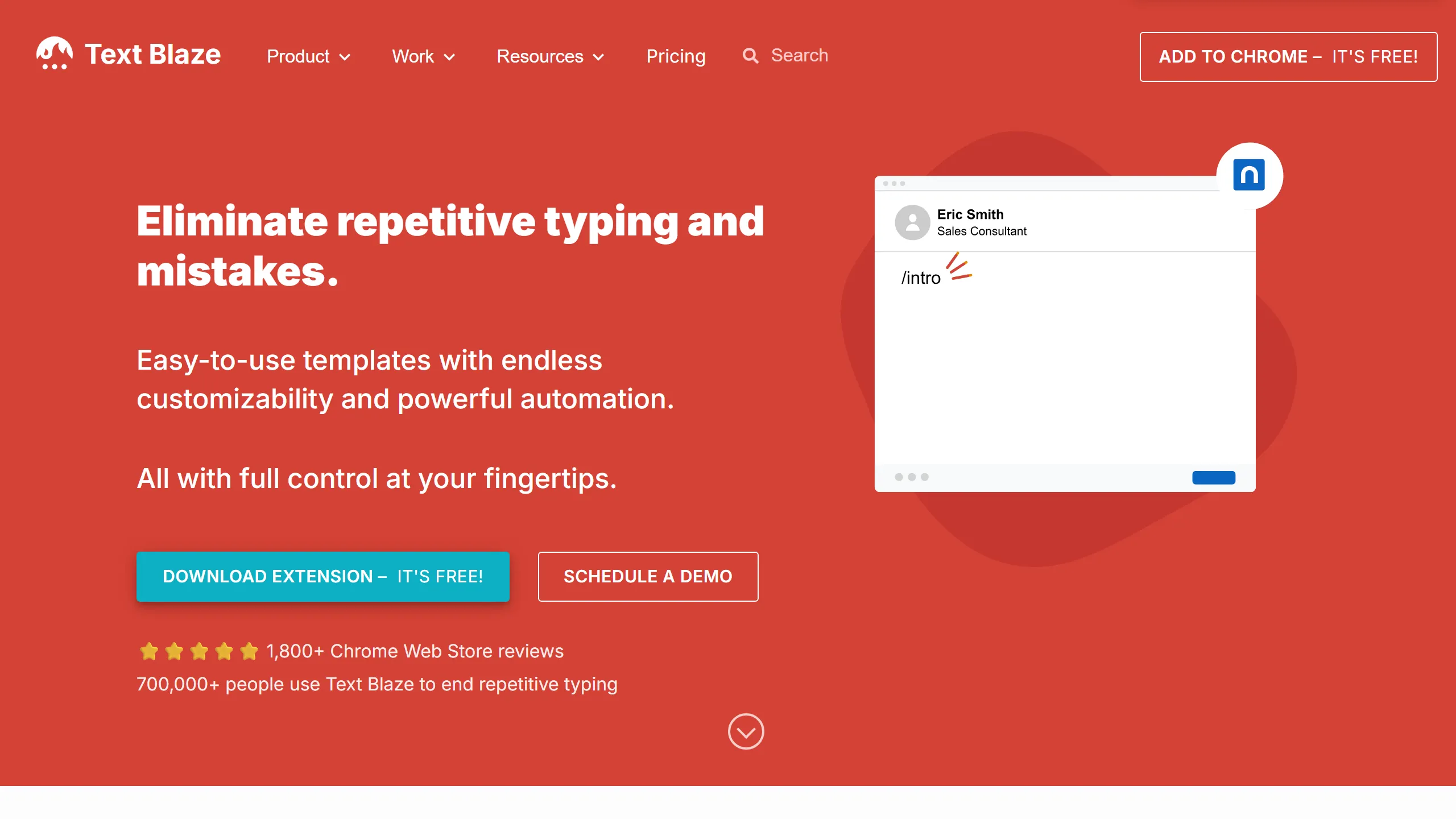 Text Blaze expanding a short /intro shortcut into a full templated message, used to eliminate repetitive typing in Gmail and Outlook